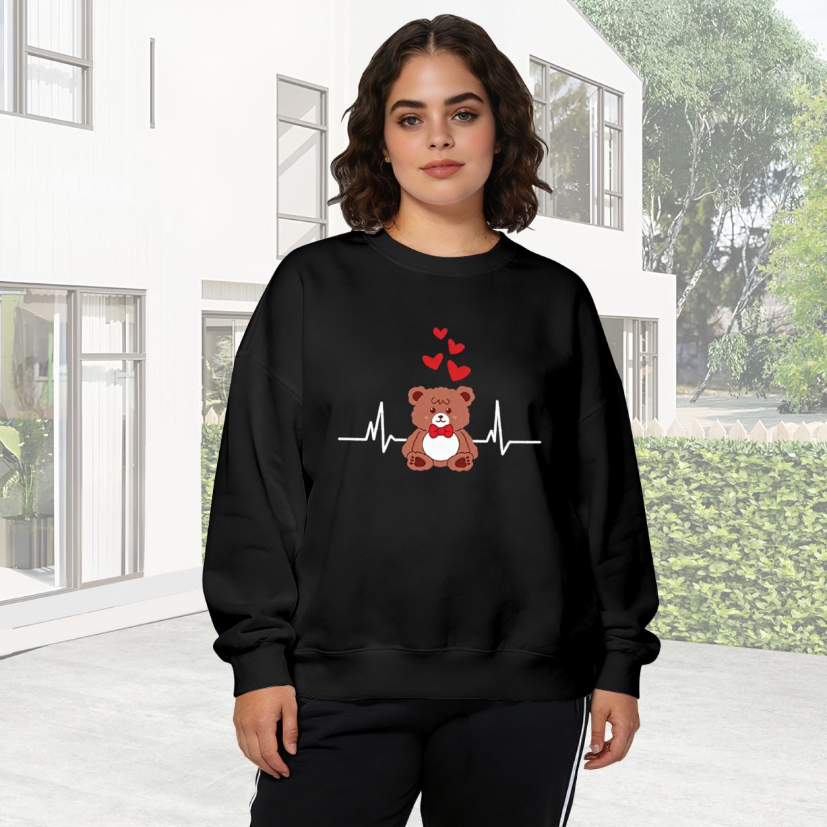 Heartbeat Teddy Bear Sweet Love Graphic Crewneck Sweatshirt