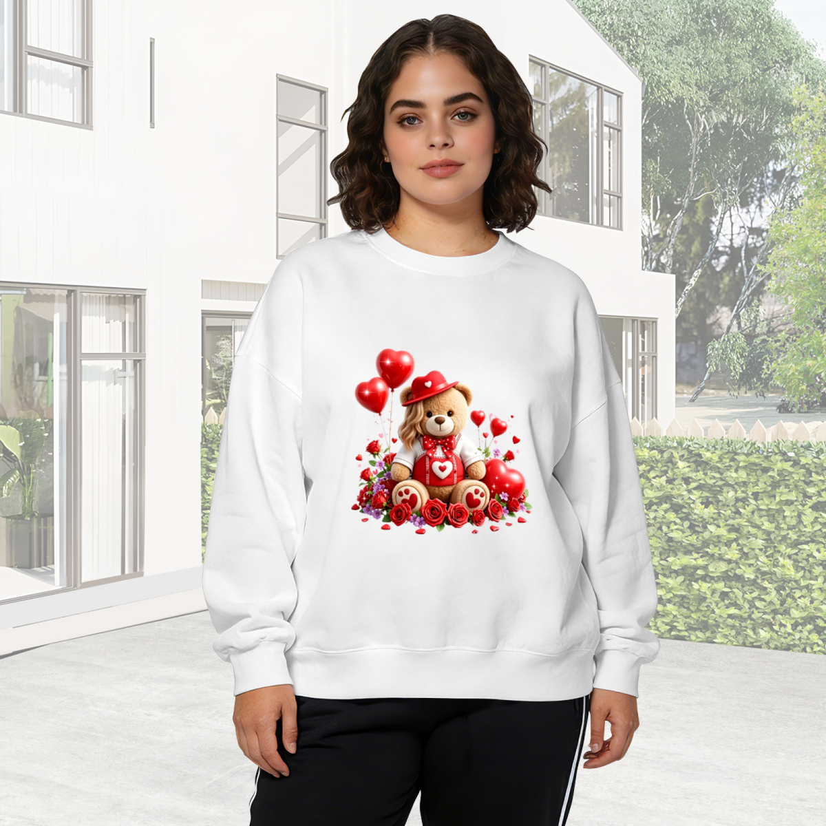 Lovely Valentine Teddy Bear Heart Balloon Crewneck Sweatshirt