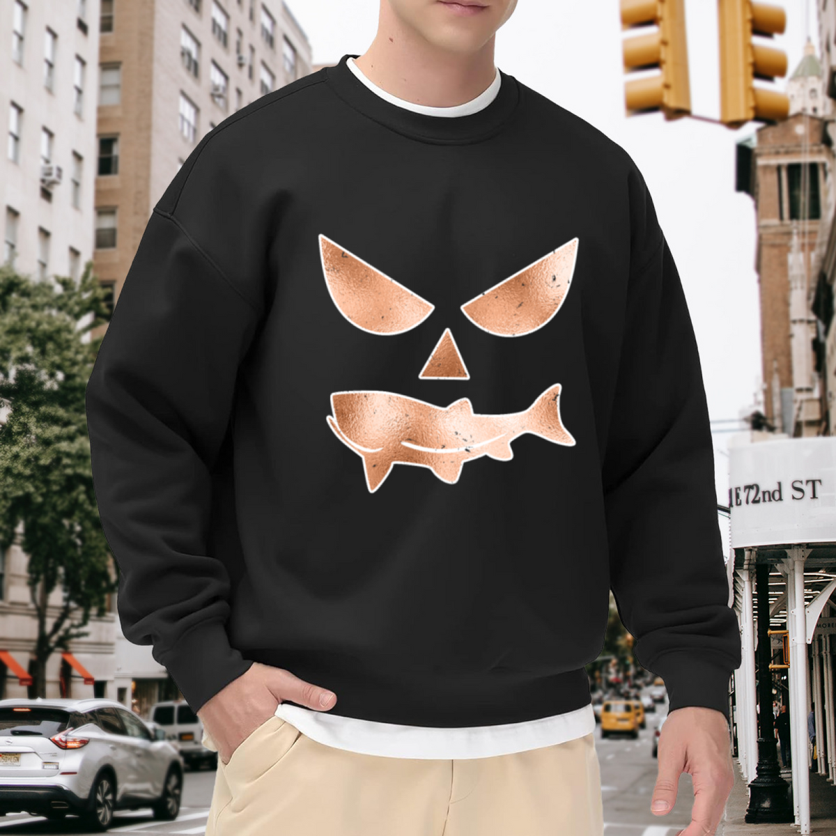 Retro Copper Pumpkin Shark Jack O'Lantern Halloween Crewneck Sweatshirt