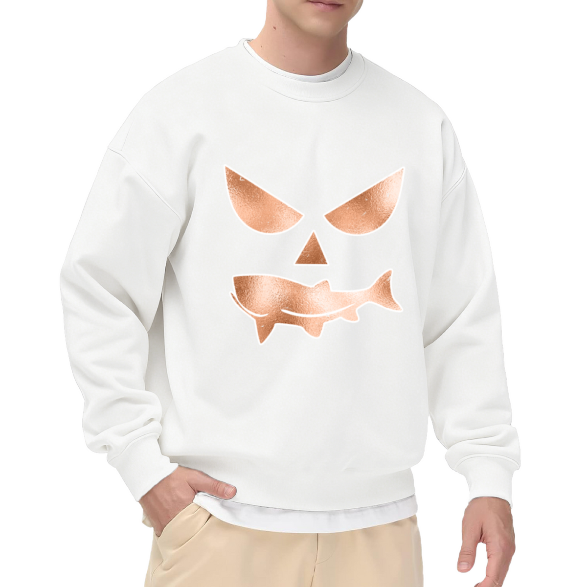 Retro Copper Pumpkin Shark Jack O'Lantern Halloween Crewneck Sweatshirt
