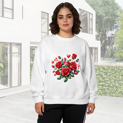 Romantic Heart?Shaped Red Rose Bouquet Crewneck Sweatshirt