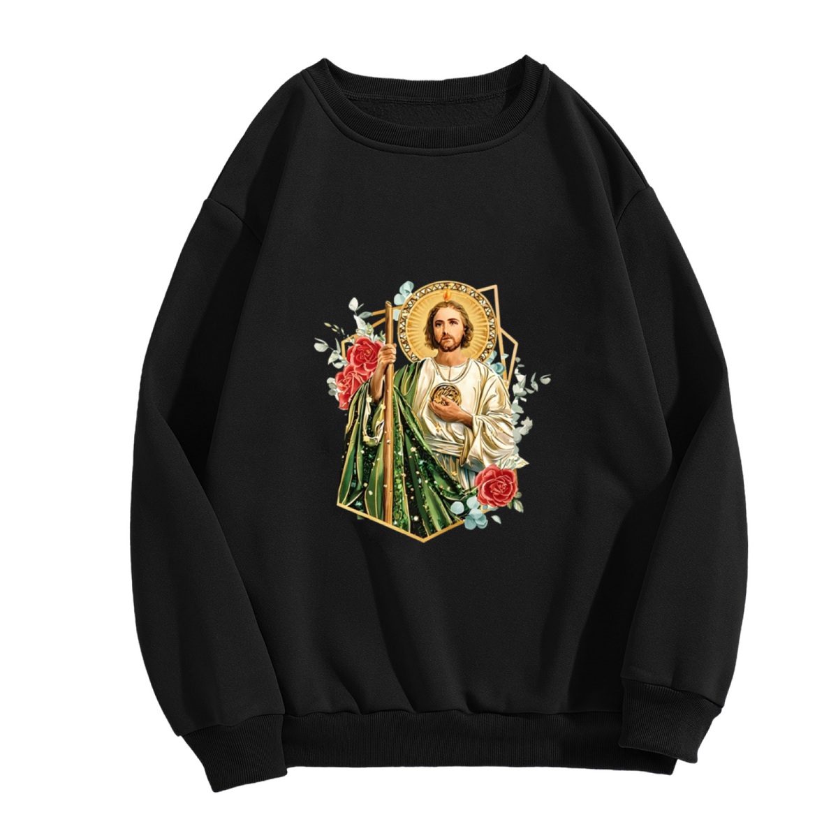 Sacred Saint Jude With Red Roses Religious Art Crewneck Sweatshirt