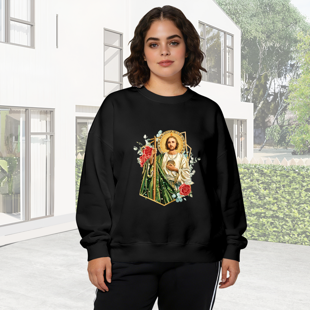 Sacred Saint Jude With Red Roses Religious Art Crewneck Sweatshirt