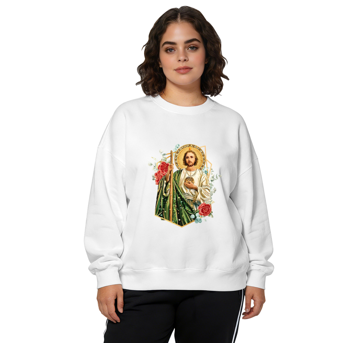 Sacred Saint Jude With Red Roses Religious Art Crewneck Sweatshirt