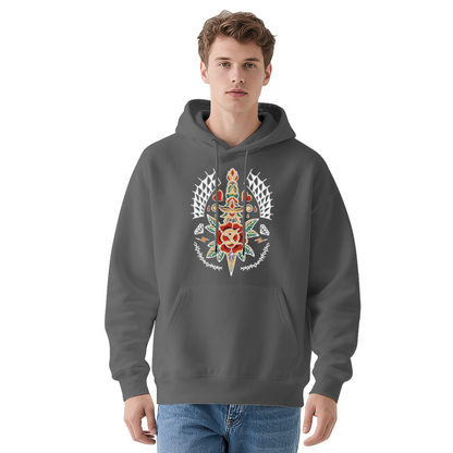 Traditional Tattoo Rose Dagger Black Hoodie, Soft Edgy Unisex Street Hooded Sweatshirt