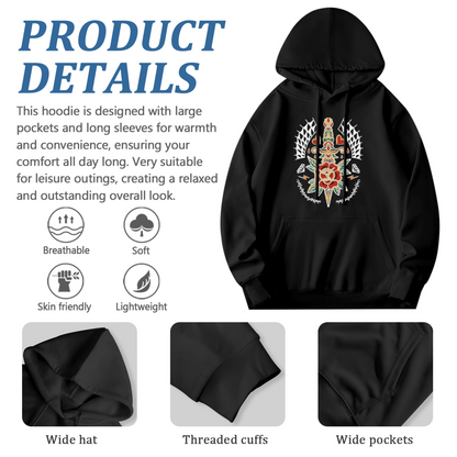 Traditional Tattoo Rose Dagger Black Hoodie, Soft Edgy Unisex Street Hooded Sweatshirt