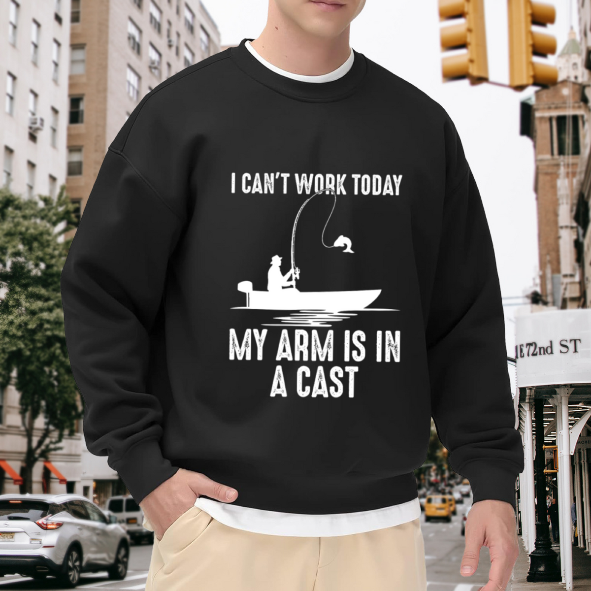 I Can't Work Today My Arm Is In A Cast Funny Fishing Crewneck Sweatshirt