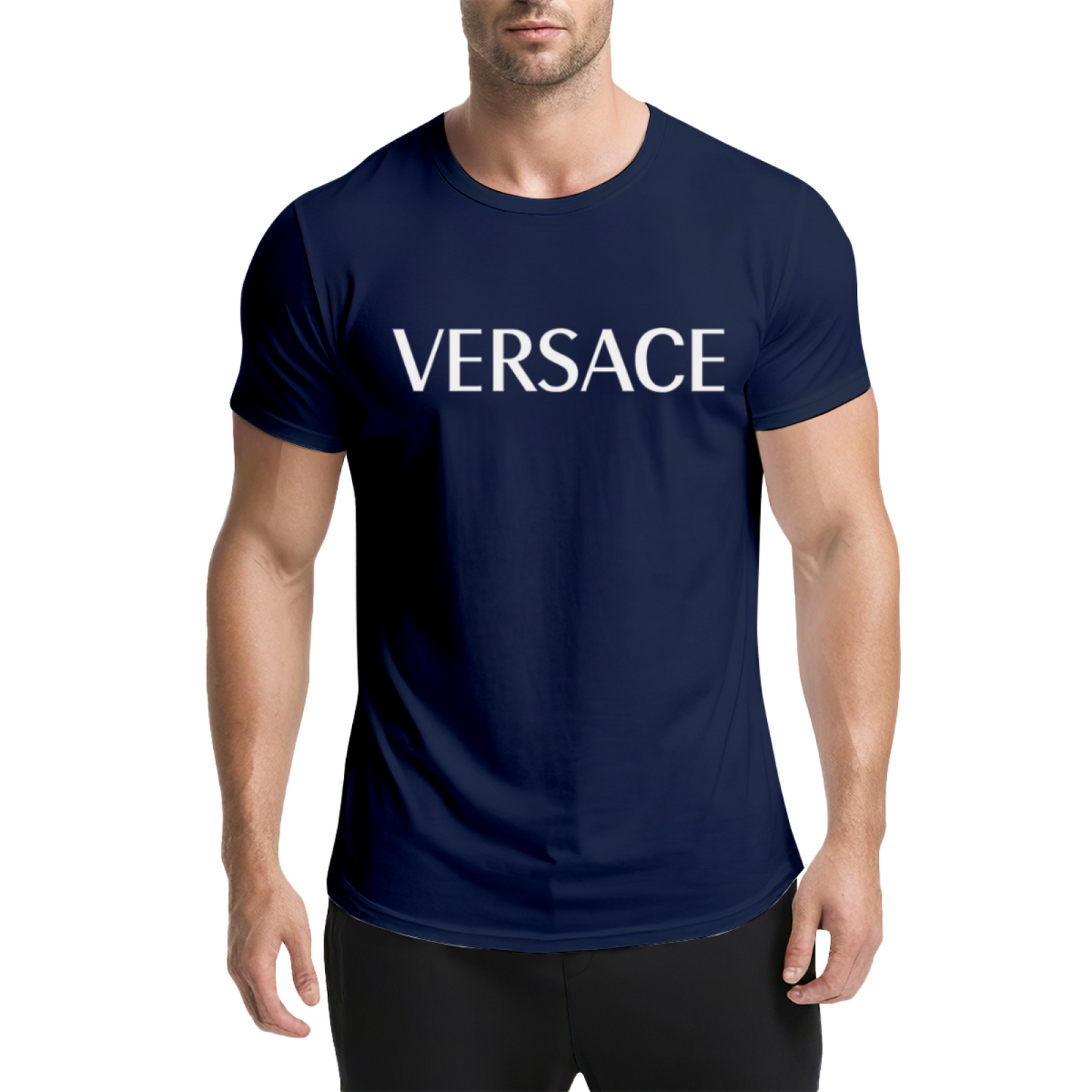 Plain Simple VERSACE White Text Navy Casual Tee