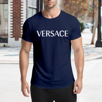 Plain Simple VERSACE White Text Navy Casual Tee