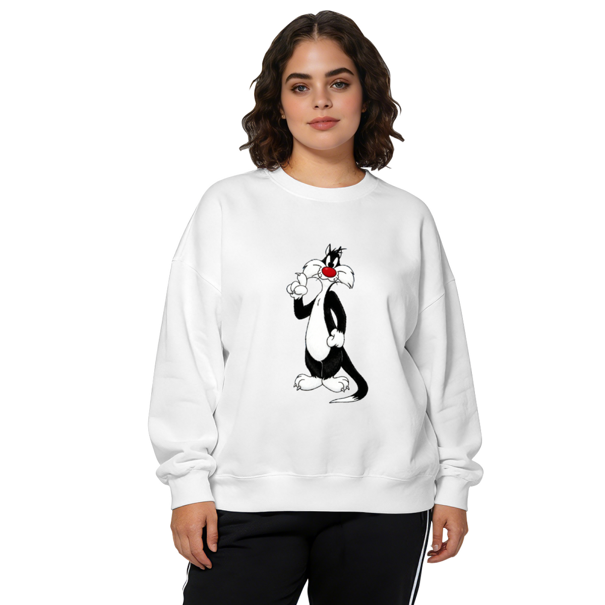 Classic Retro Cartoon Cat Character Print Crewneck Sweatshirt