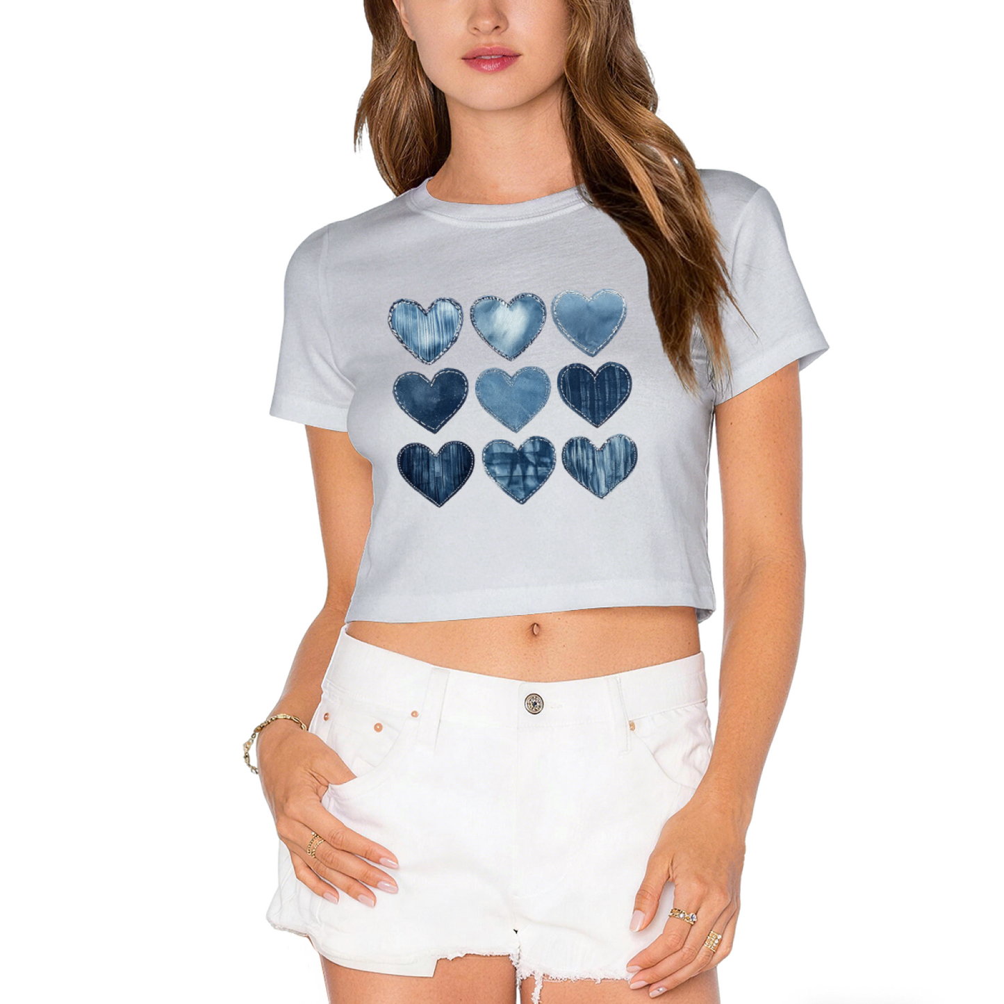Denim Patchwork Nine Hearts Y2K Grey Crop Top