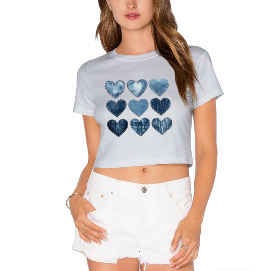 Denim Patchwork Nine Hearts Y2K Grey Crop Top
