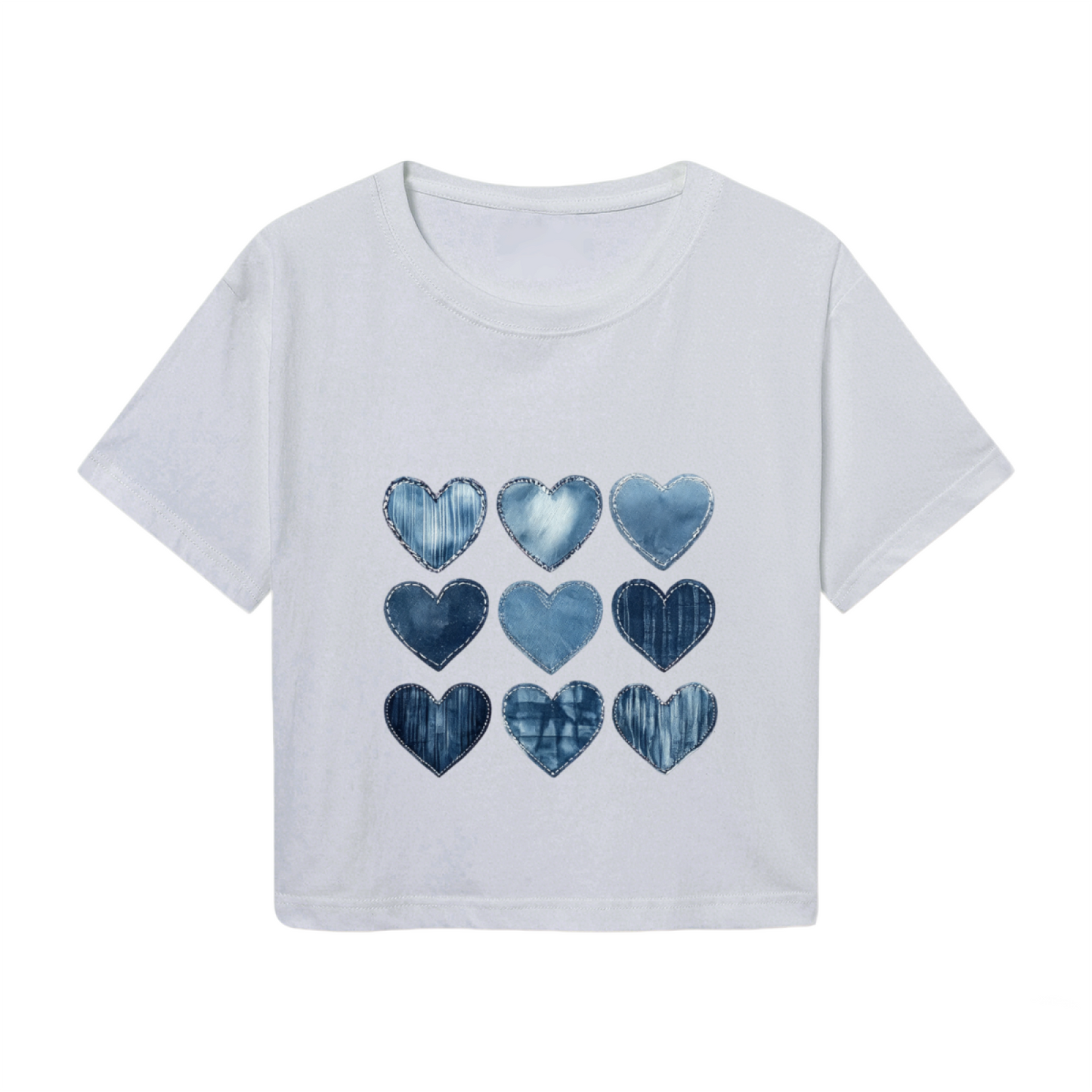Denim Patchwork Nine Hearts Y2K Grey Crop Top