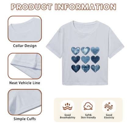 Denim Patchwork Nine Hearts Y2K Grey Crop Top