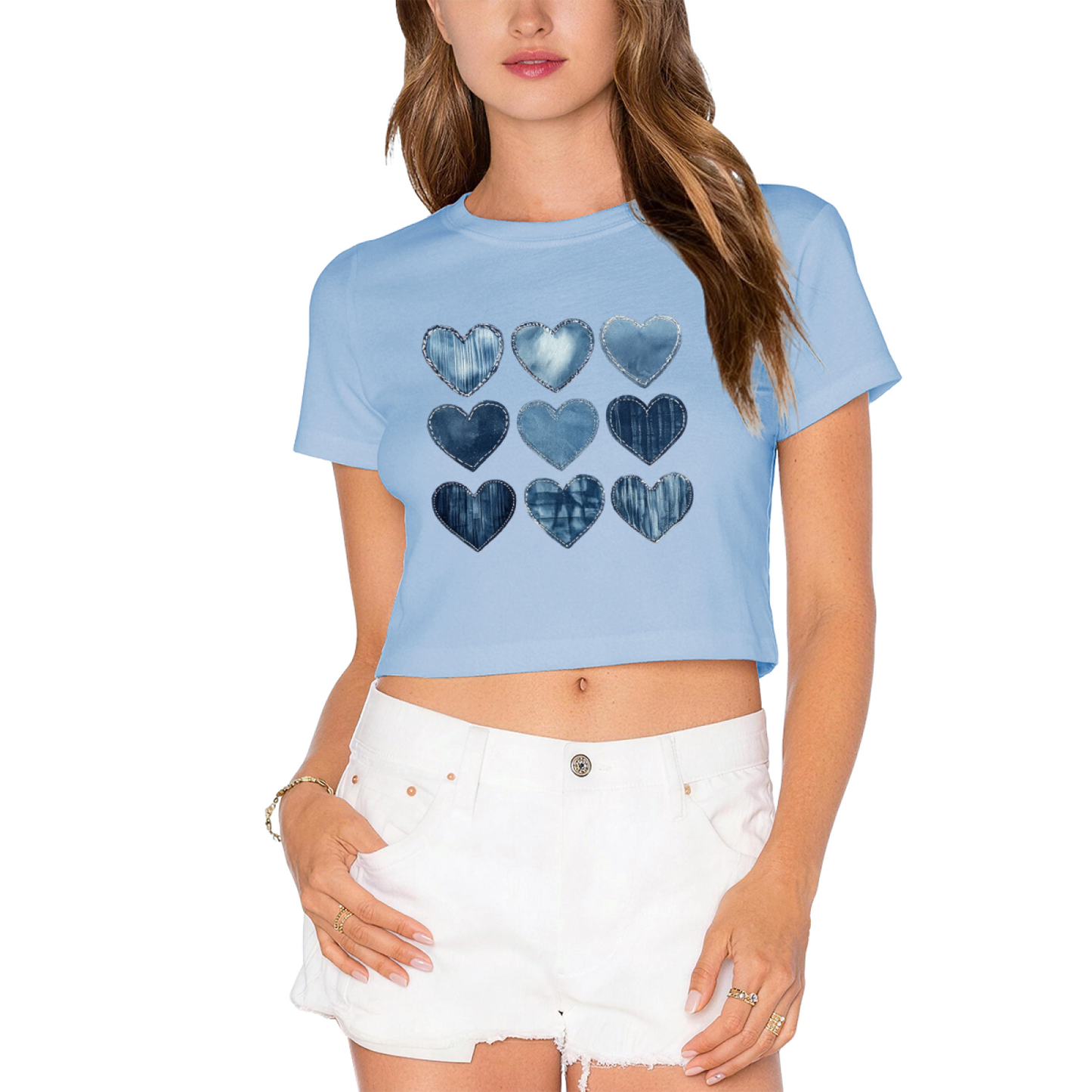 Denim Patchwork Nine Hearts Y2K Grey Crop Top