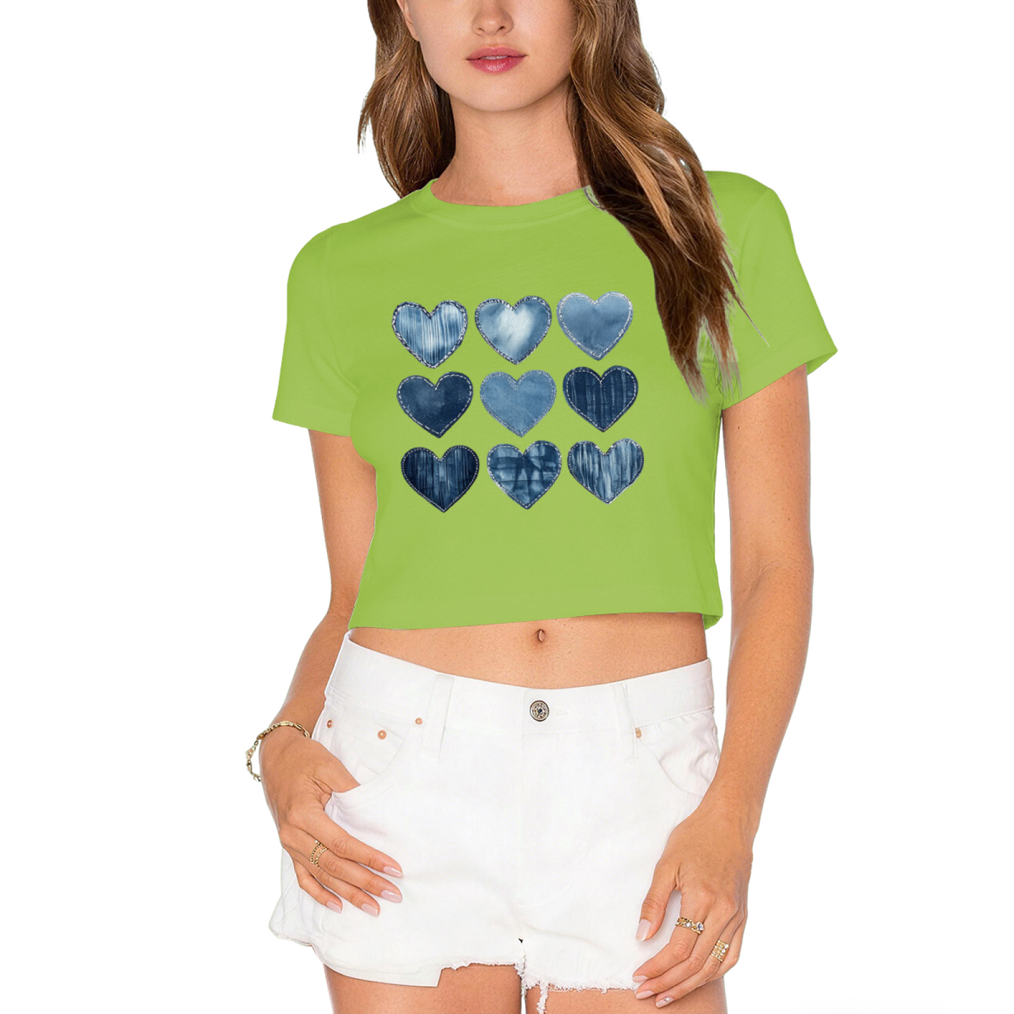 Denim Patchwork Nine Hearts Y2K Grey Crop Top