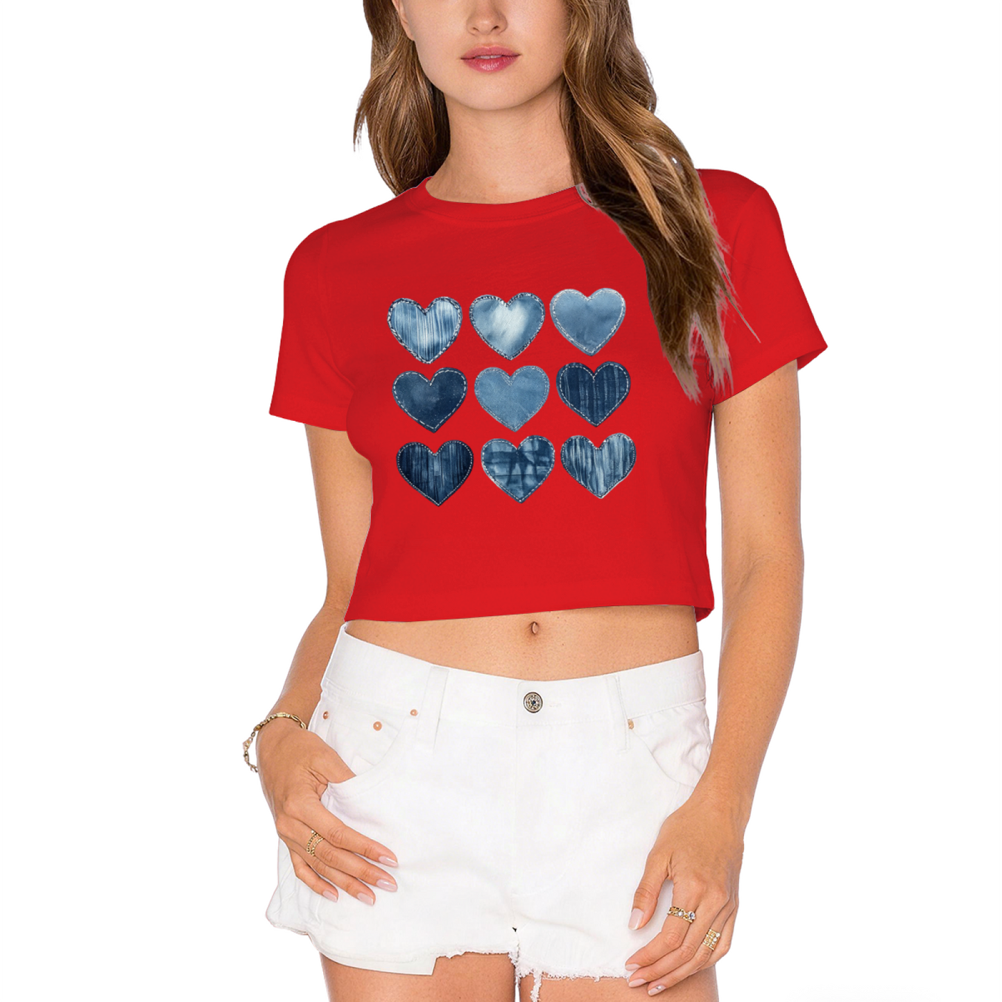 Denim Patchwork Nine Hearts Y2K Grey Crop Top