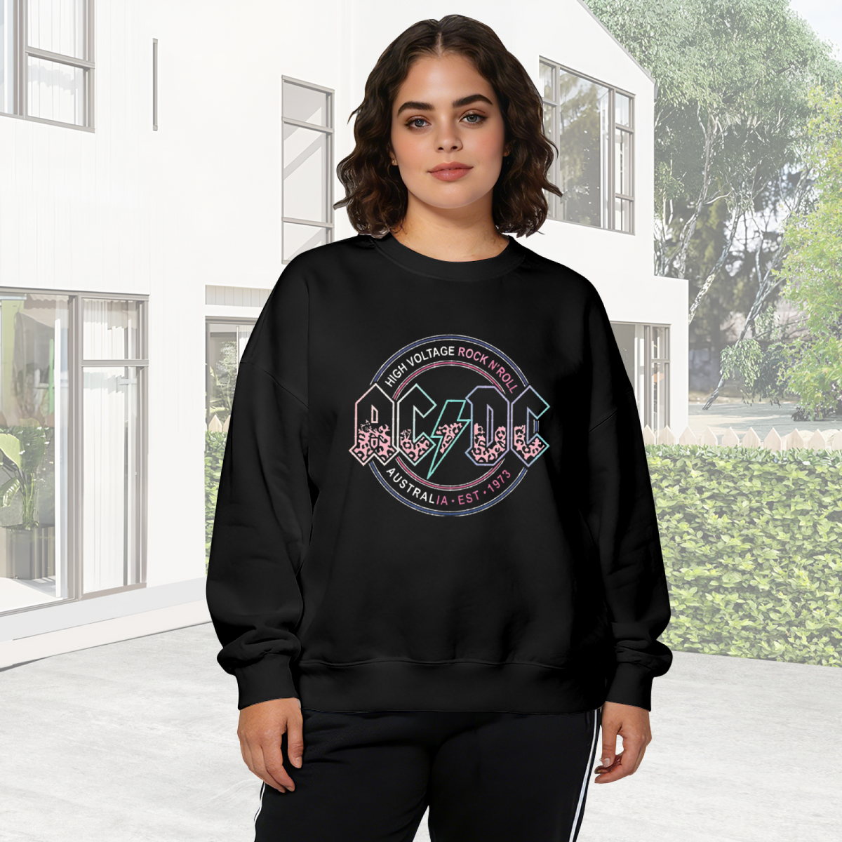 Retro Rock Band AC/DC Leopard Logo Crewneck Sweatshirt