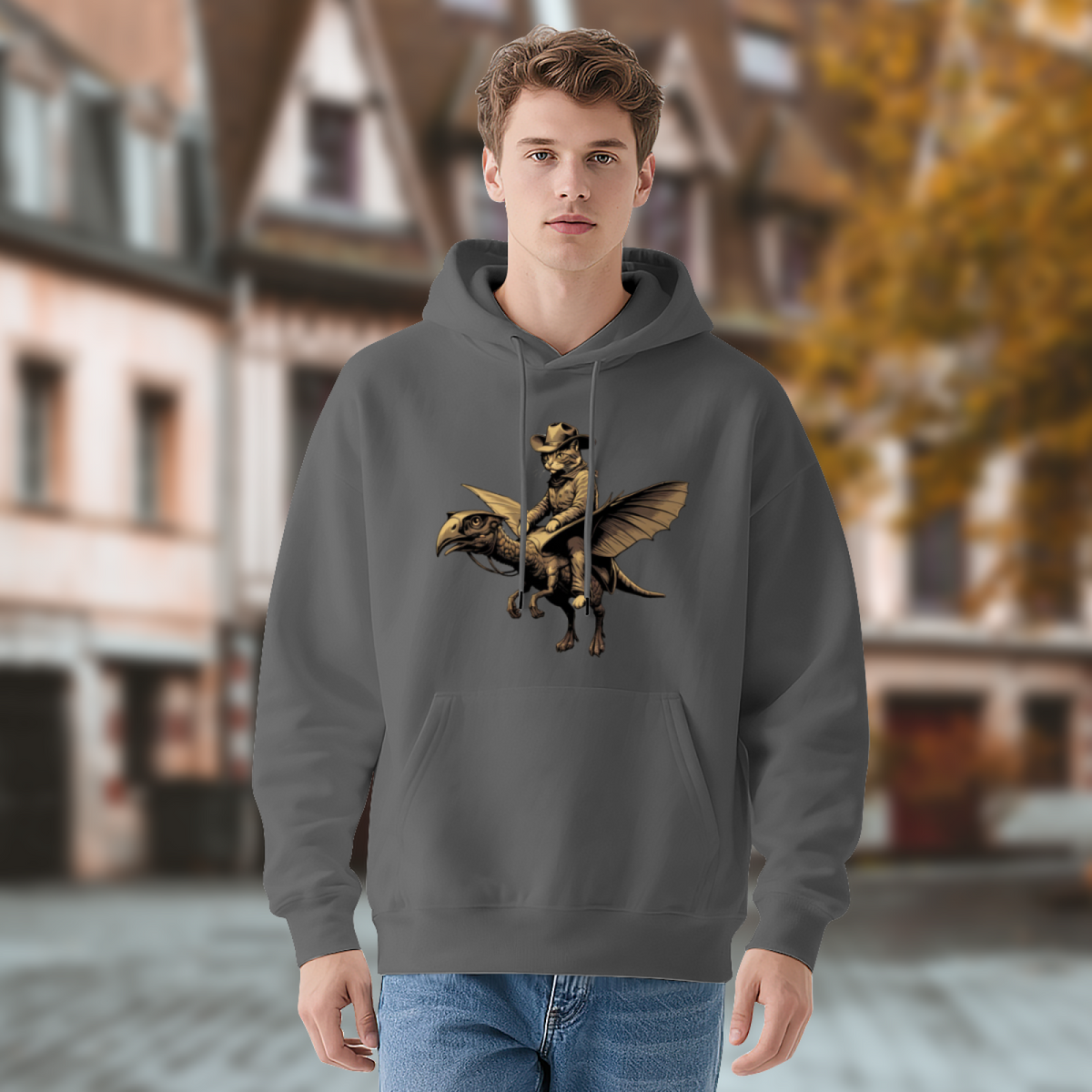 Cool Western Cowboy Cat Ride Pterodactyl Gray Hoodie, Relaxed & Comfort Fit