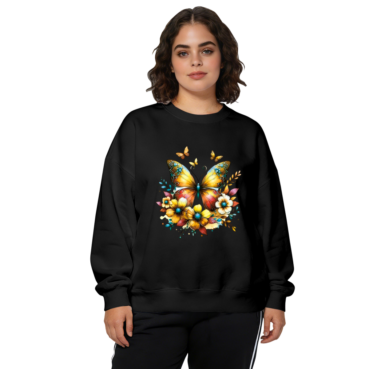 Warm Golden Sunlit Butterfly Floral White Crewneck Sweatshirt