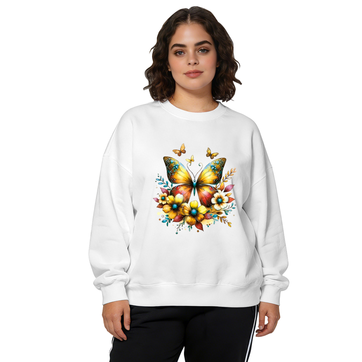 Warm Golden Sunlit Butterfly Floral White Crewneck Sweatshirt