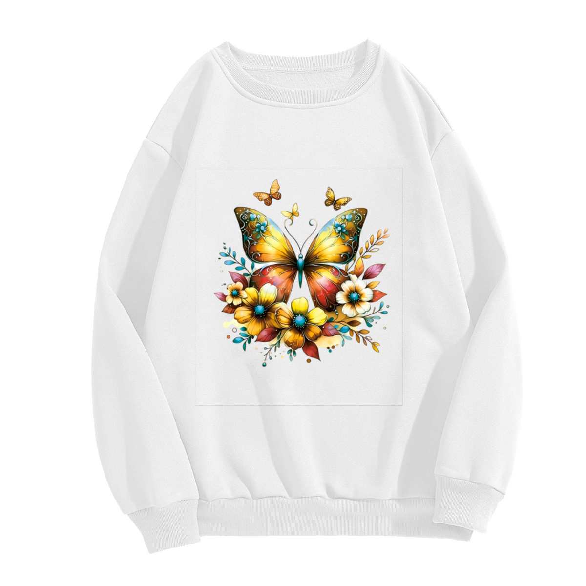 Warm Golden Sunlit Butterfly Floral White Crewneck Sweatshirt