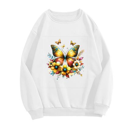 Warm Golden Sunlit Butterfly Floral White Crewneck Sweatshirt