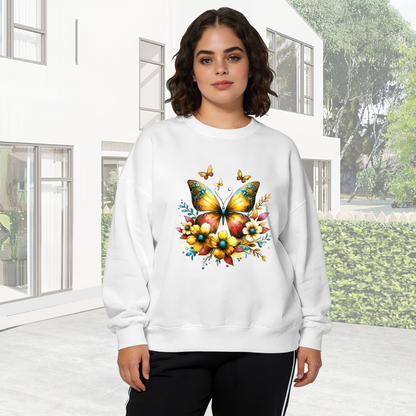 Warm Golden Sunlit Butterfly Floral White Crewneck Sweatshirt