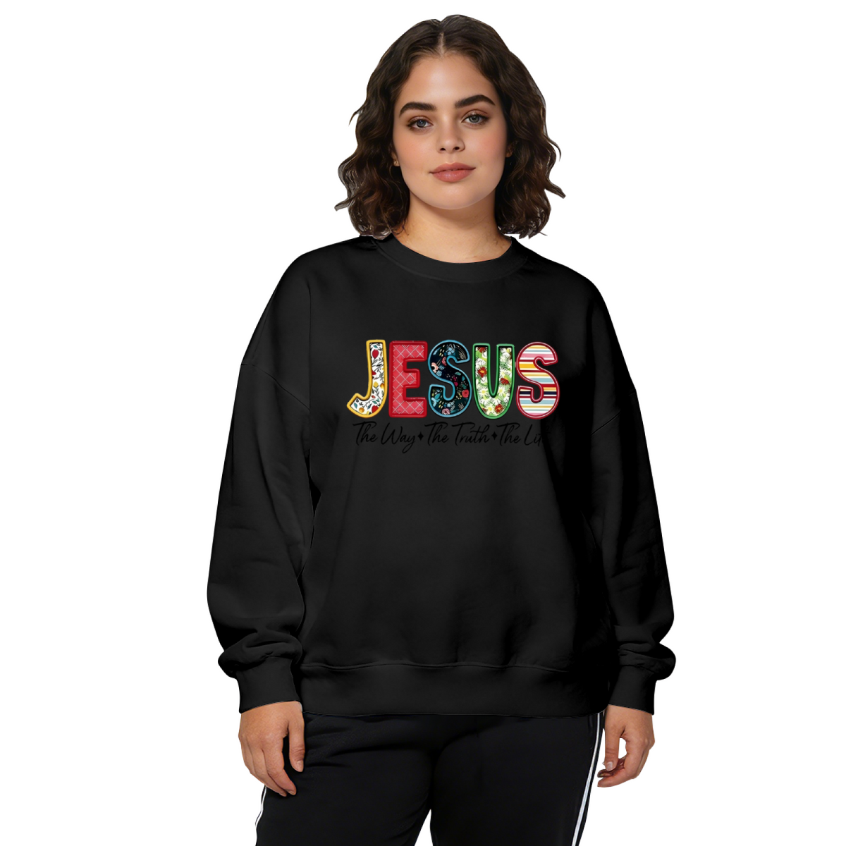 Colorful Patchwork JESUS Faith Theme Crewneck Sweatshirt