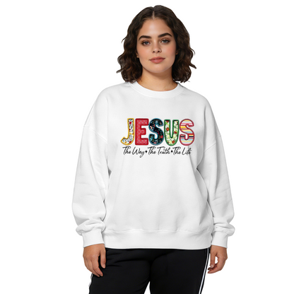 Colorful Patchwork JESUS Faith Theme Crewneck Sweatshirt