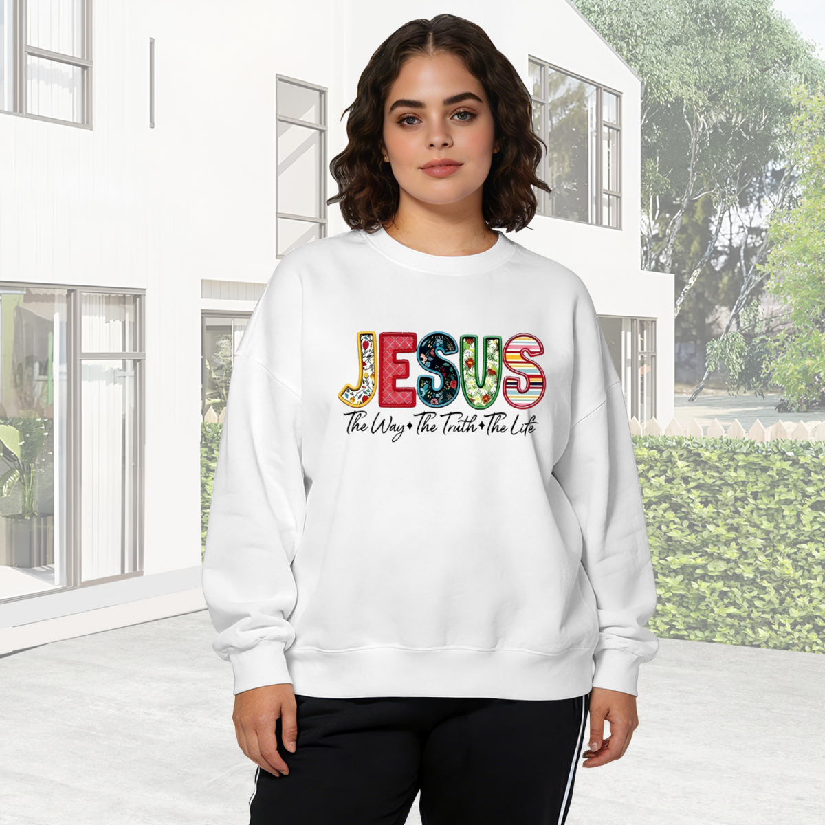 Colorful Patchwork JESUS Faith Theme Crewneck Sweatshirt