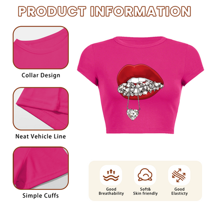 Spike Diamond Grill Red Lips Hot Pink Coquette Crop Top