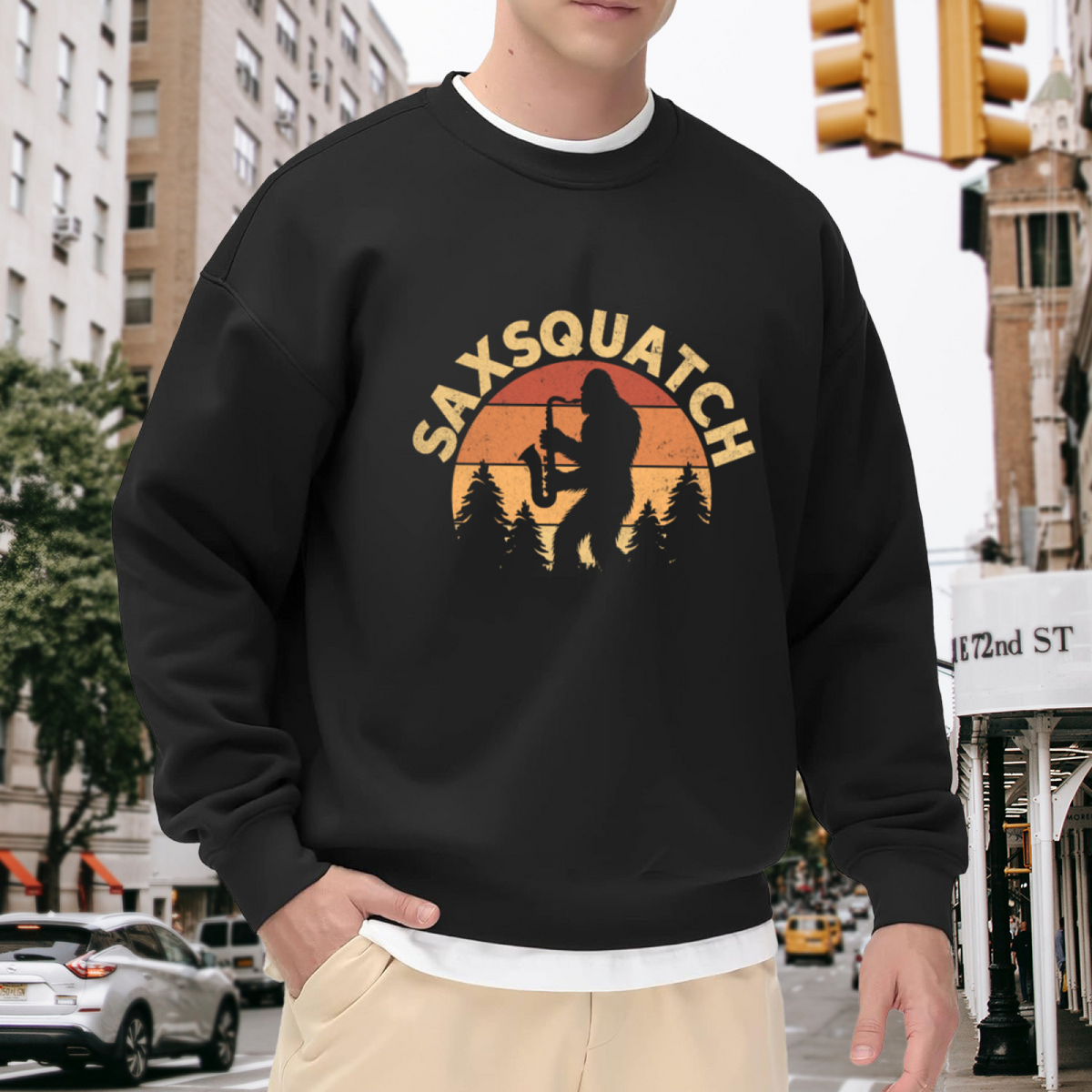 Saxsquatch Bigfoot Playing Saxophone Retro Crewneck Sweatshirt