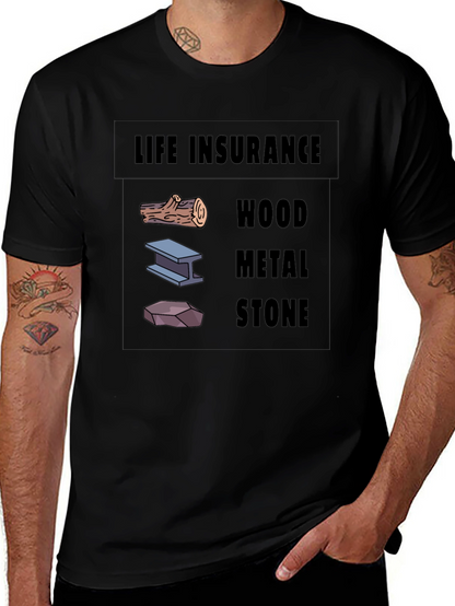 Life Insurance Black T-Shirt Wood Metal Stone Design