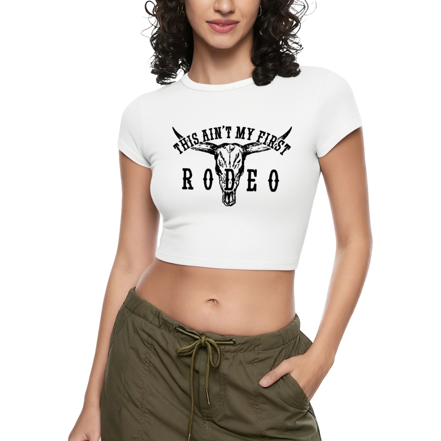 This Ain¡¯t My First Rodeo Western Cow Skull Vintage Grey Crop Top