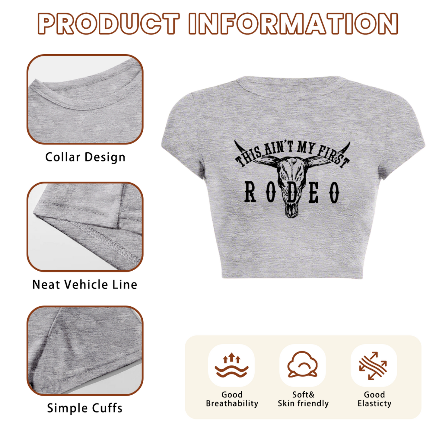 This Ain¡¯t My First Rodeo Western Cow Skull Vintage Grey Crop Top