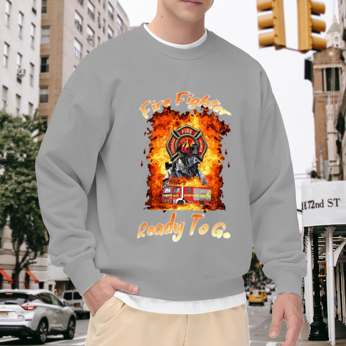 Firefighter Ready To Go Fire Flame Hero Graphic Crewneck Sweatshirt