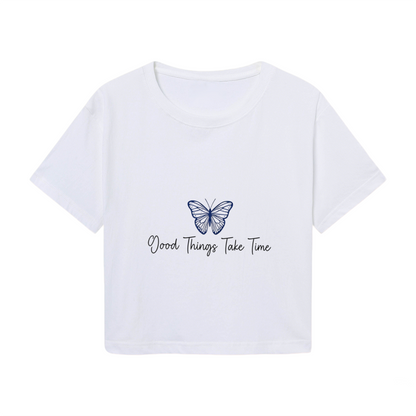 Good Things Take Time Blue Butterfly White Crop Top ¨C Calm Aesthetic Floral Tee