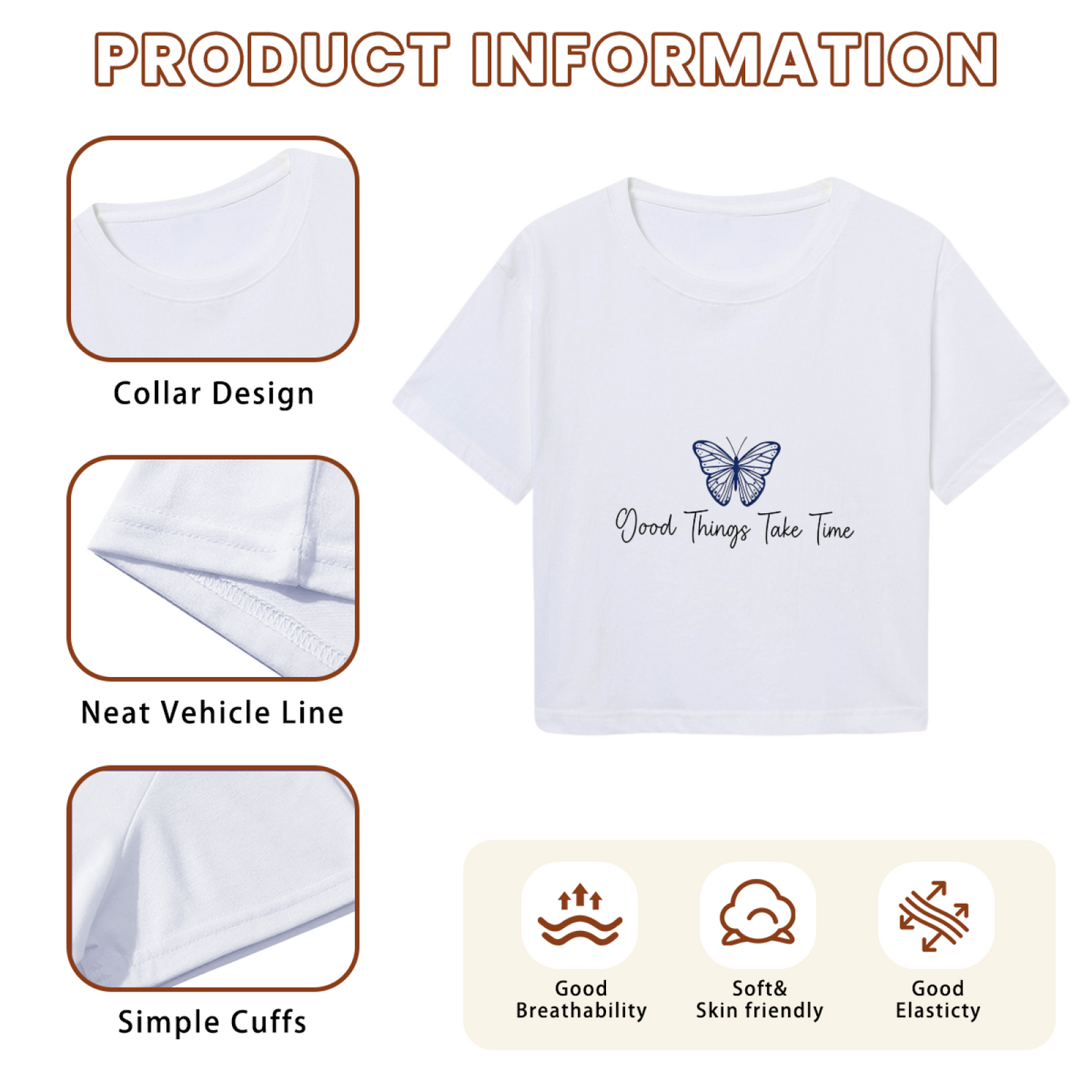 Good Things Take Time Blue Butterfly White Crop Top ¨C Calm Aesthetic Floral Tee