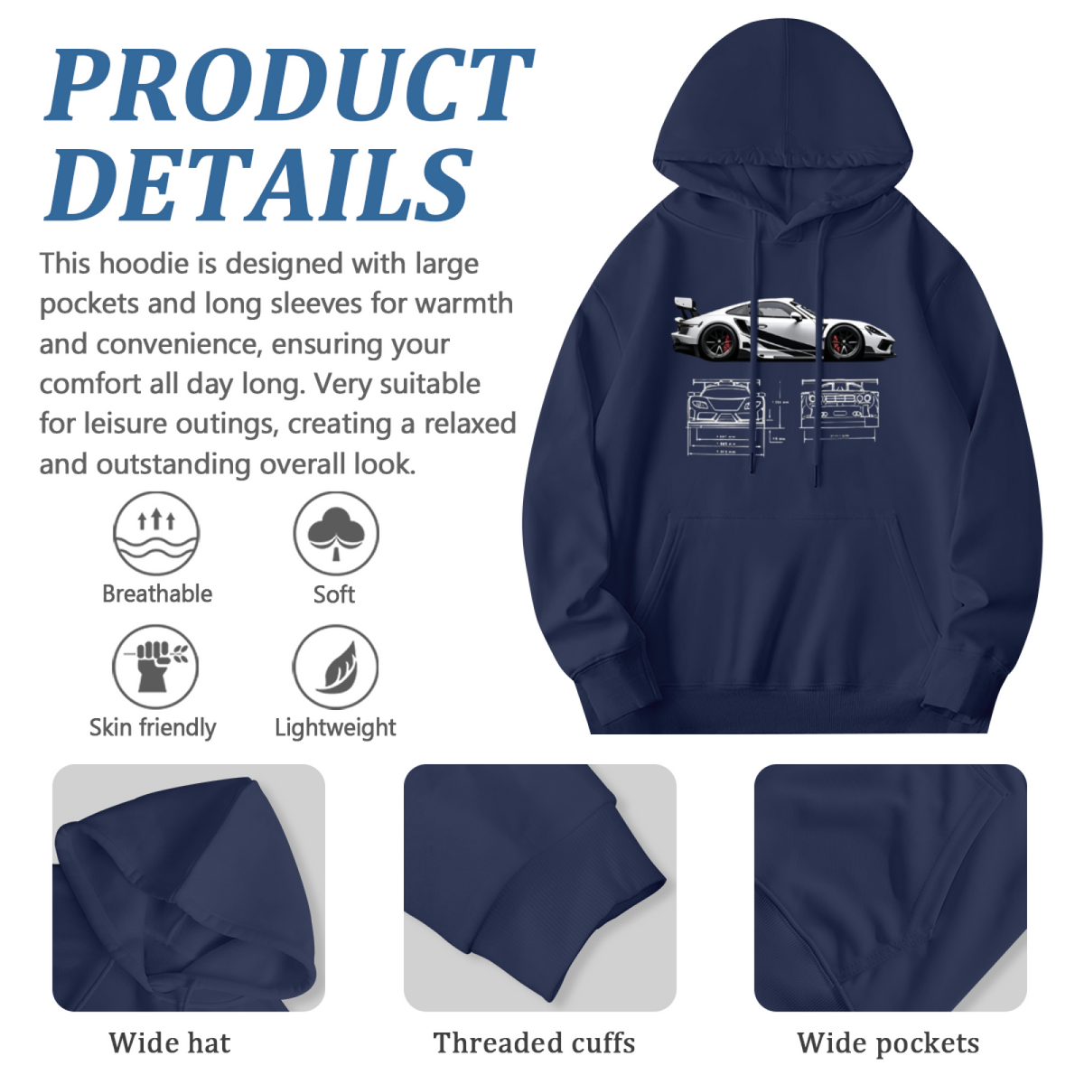 Sports Car Blueprint Racing Enthusiast Graphic Hoodie