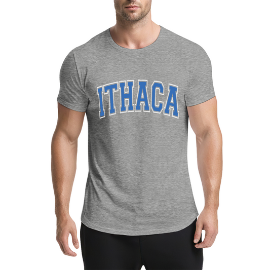 Vintage Ithaca College Letter Print Grey T-Shirt, Preppy Campus Couple Casual Top