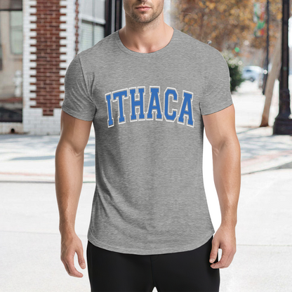 Vintage Ithaca College Letter Print Grey T-Shirt, Preppy Campus Couple Casual Top