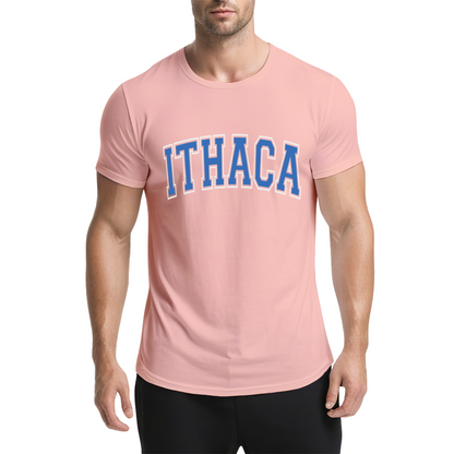 Vintage Ithaca College Letter Print Grey T-Shirt, Preppy Campus Couple Casual Top