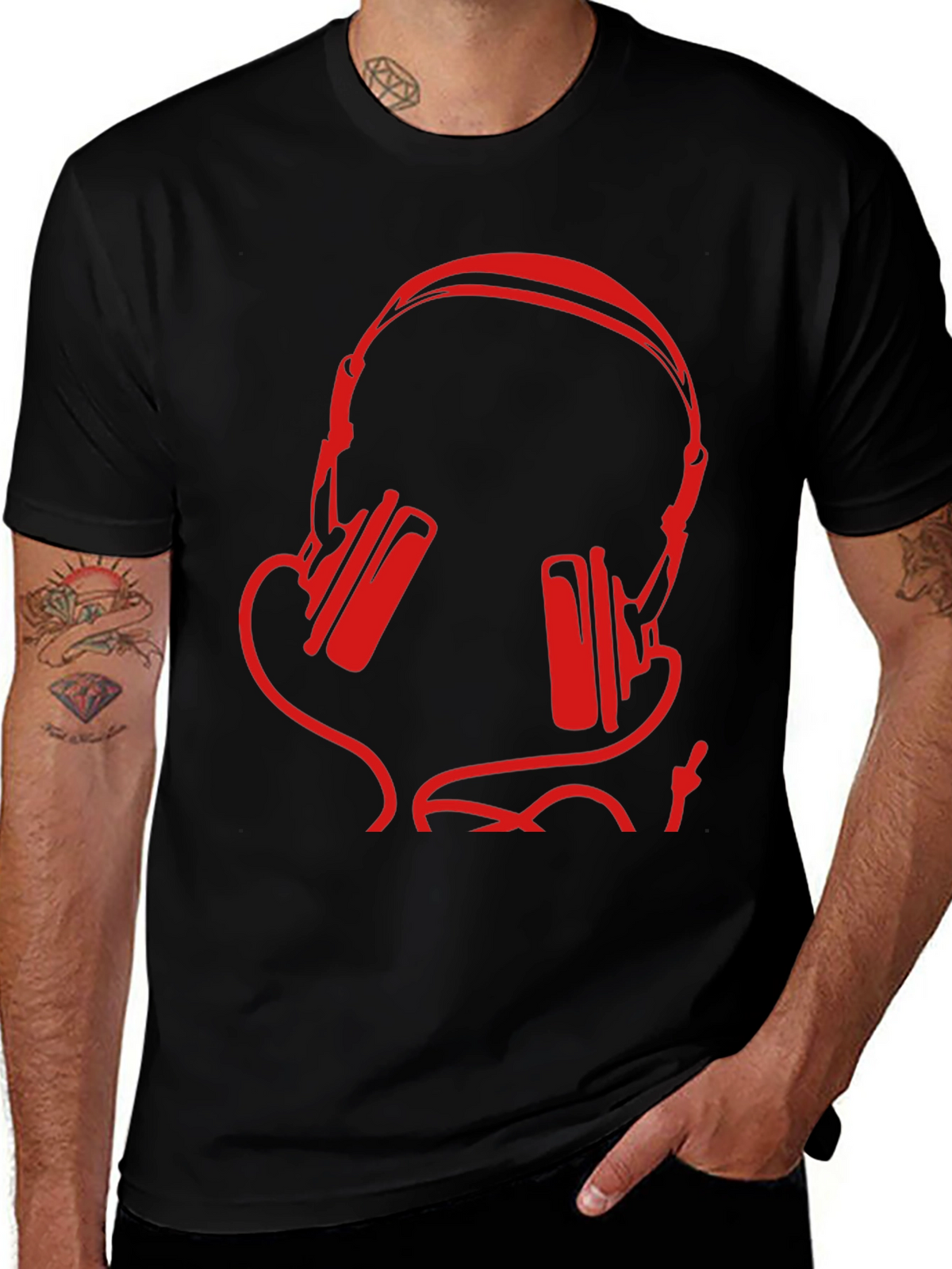 Stylish Black T-Shirt with Red Headphone Design