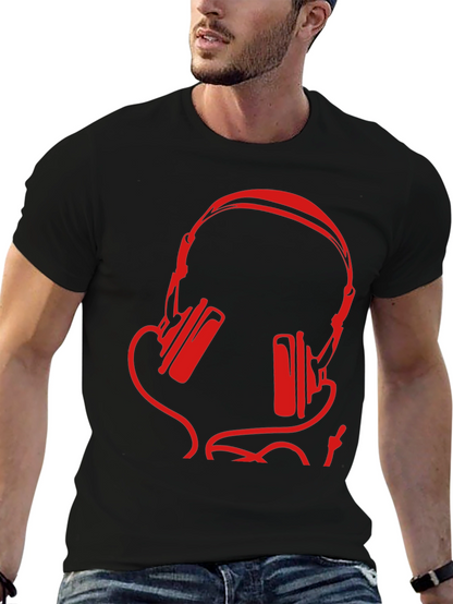 Stylish Black T-Shirt with Red Headphone Design