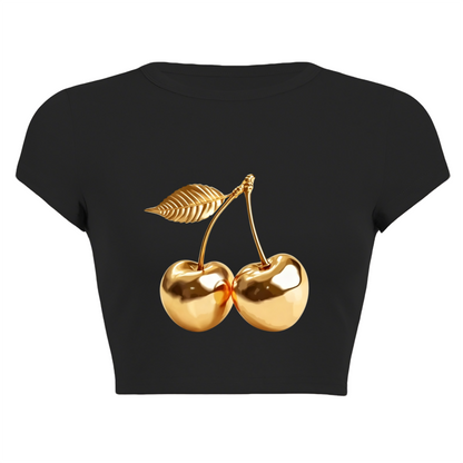 Shiny Golden Cherry Luxury Y2K Black Crop Top ¨C Trendy Aesthetic Tee