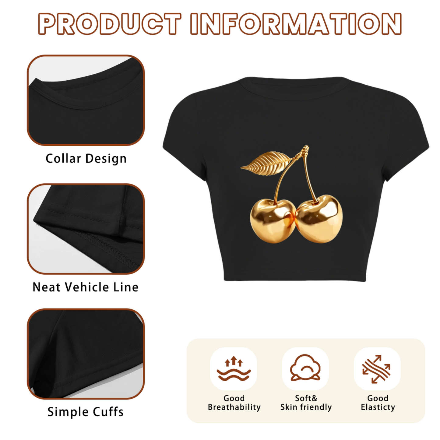 Shiny Golden Cherry Luxury Y2K Black Crop Top ¨C Trendy Aesthetic Tee