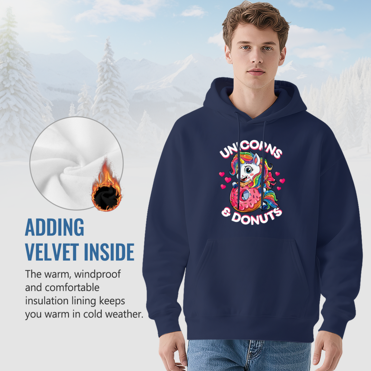 Cute Unicorns & Donuts Cartoon Navy Hoodie, Sweet Graphic Cozy Daily Hoodie