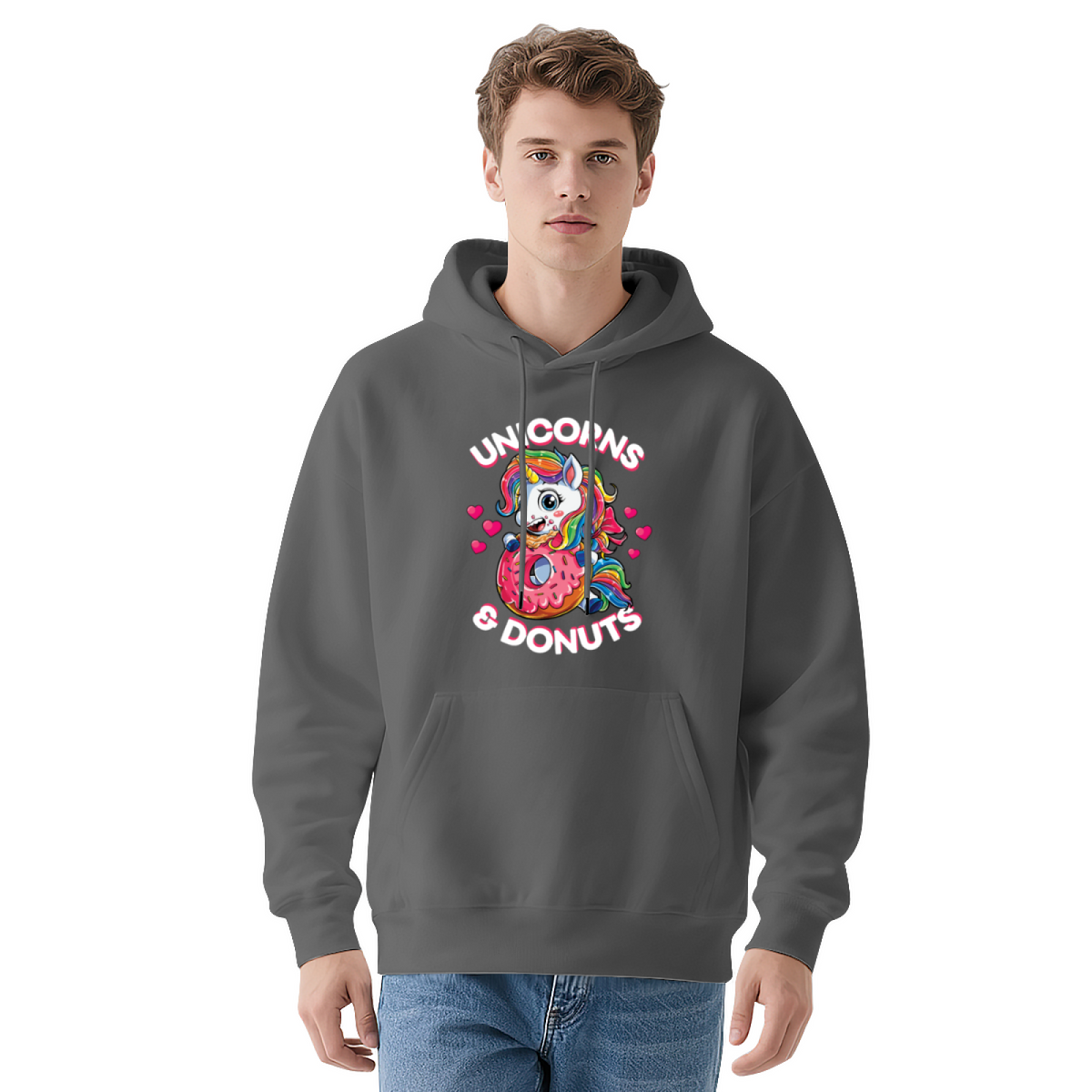 Cute Unicorns & Donuts Cartoon Navy Hoodie, Sweet Graphic Cozy Daily Hoodie