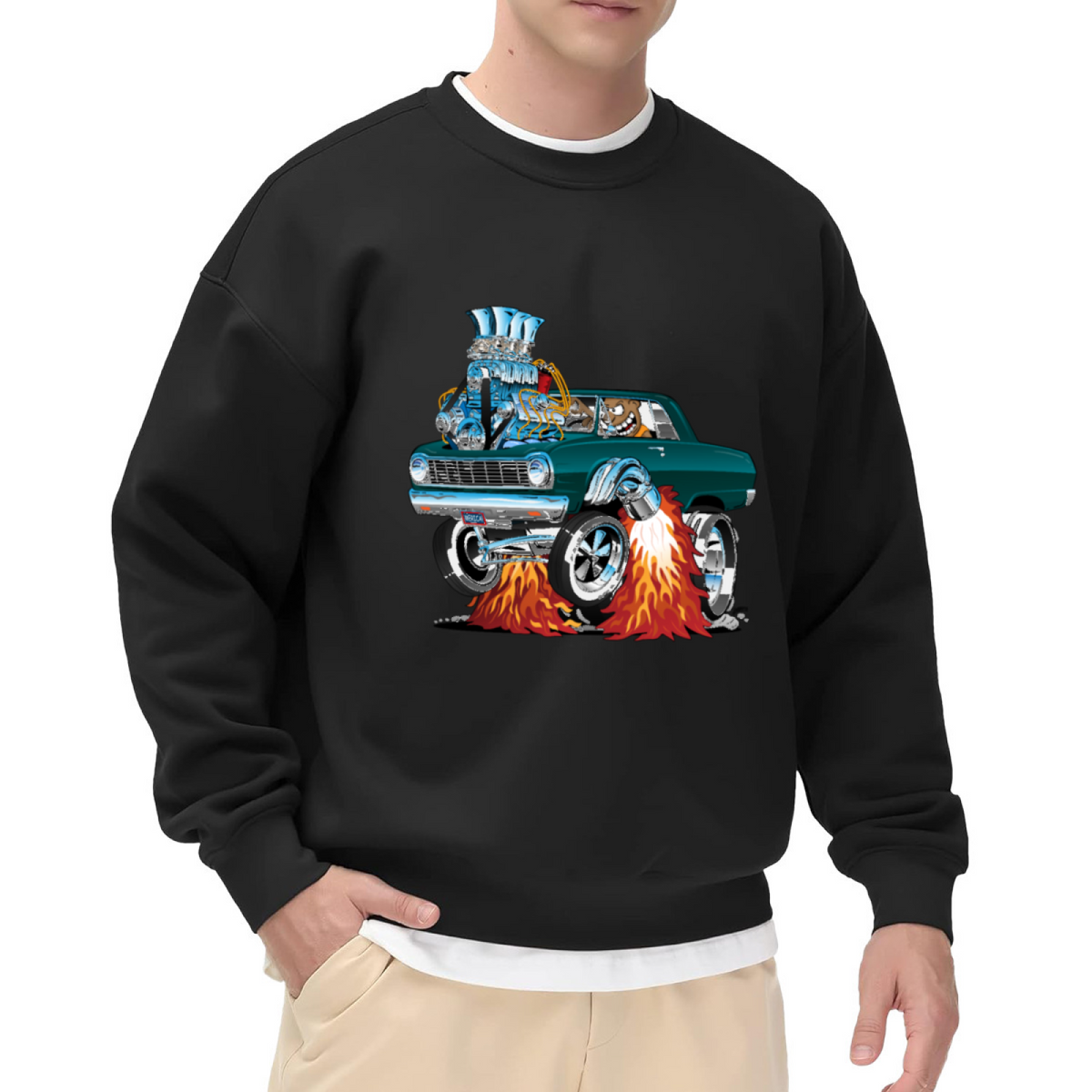 Retro Cartoon Flaming Hot Rod Muscle Car Grey Crewneck Sweatshirt